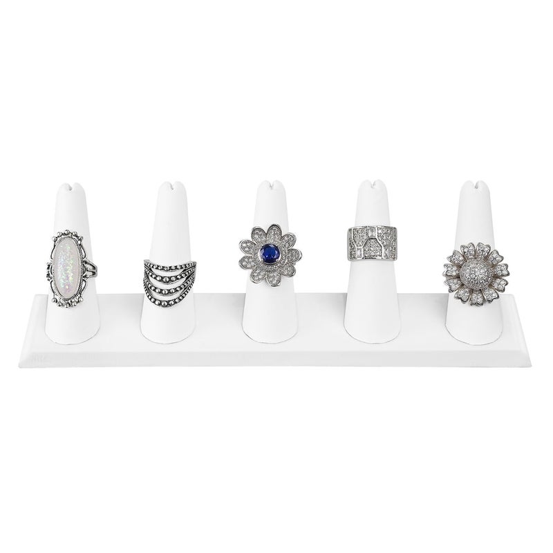 MOOCA 2 Pcs Set Ring Organizer for Showcase Display Drawer 5 Long Ring Storage Holder Jewelry Display Stands Showcase Jewelry Storage Counter, White Leatherette, 8 W x 2 1/8 D x 2 1/2 H in - Image 3